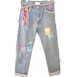 Upcycled One of a kind  Distressed Patched Vintage lace Boyfriend Jeans Size 32‎